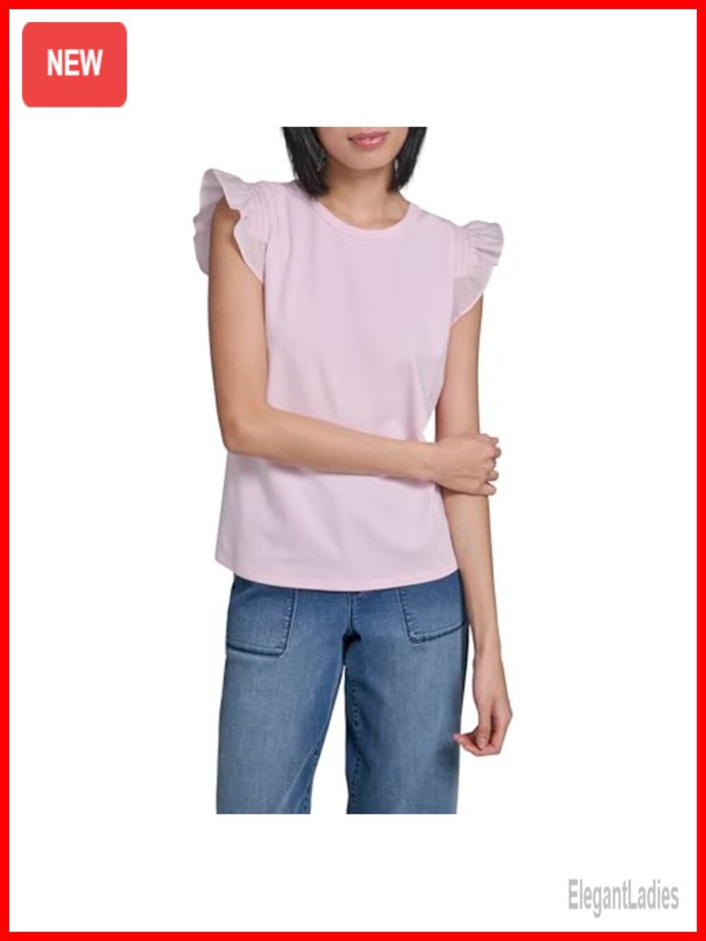 Karl Lagerfeld Ruffle Sleeve Button Down Blouse Relaxed Fit Crew Neck
